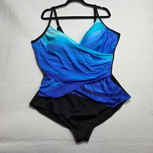 Embrace Your Curves by Miracle Brands Blue Abstract Wrap One Piece Swimsuit 3X